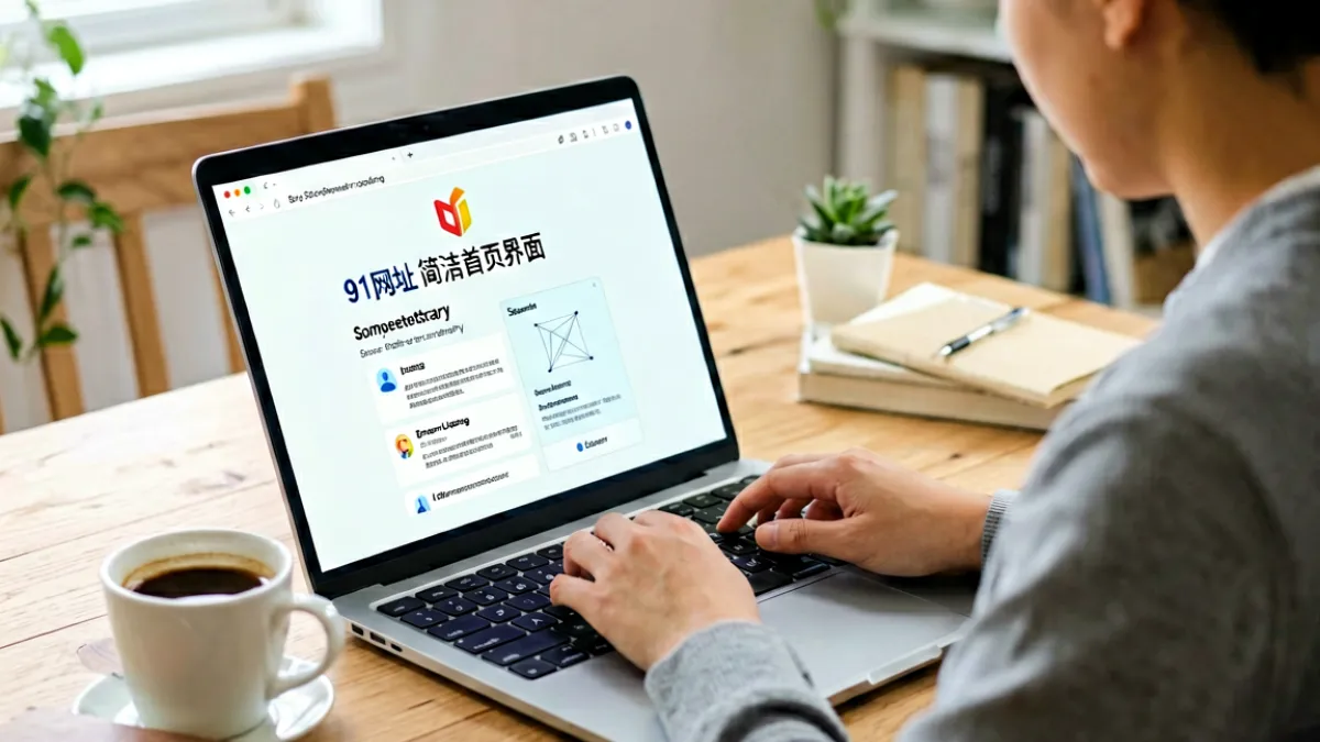 一位用户正坐在书桌前打开笔记本电脑，屏幕上显示着91网址的简洁首页界面，旁边放着一杯咖啡，光线柔和营造出专注查找信息的场景