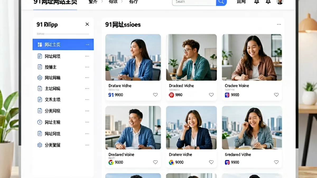 91网址网站主页的整体布局截图，顶部是导航栏和搜索框，左侧是分类目录列表，右侧展示热门内容推荐卡片，整体排版整齐有序